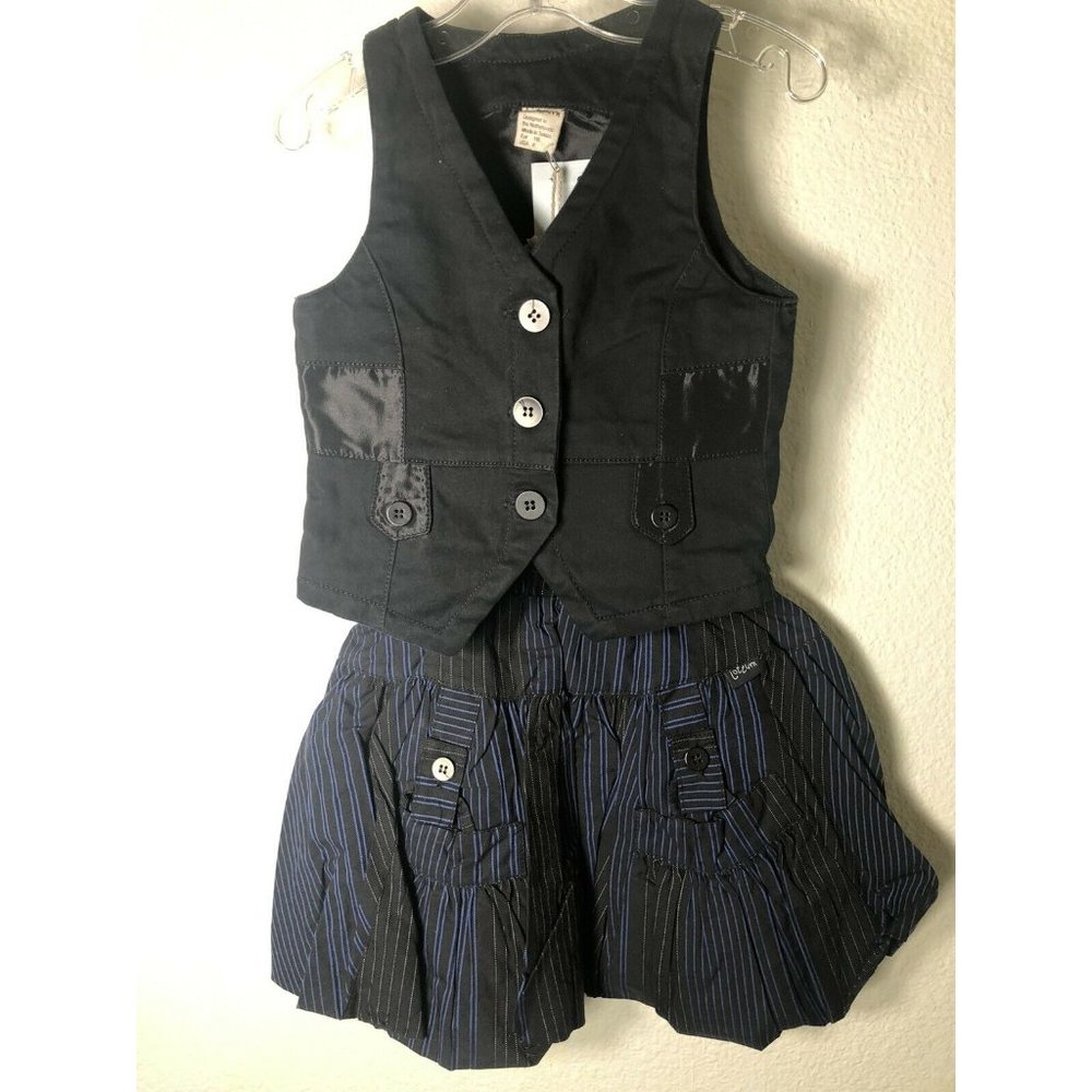 Jottum Girls 5 & 6 Skirt Vest Set Navy Black Applique Satin Cotton Pockets $206